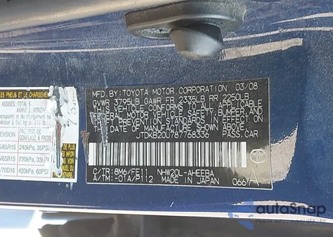 2008 Toyota Prius z USA, uszkodzony, nr VIN JTDKB20U787768336